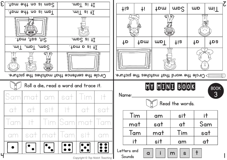 Mini book 3 sheet has four pages for reading Tim, am and sit, matching words and sentences, and dice tracing