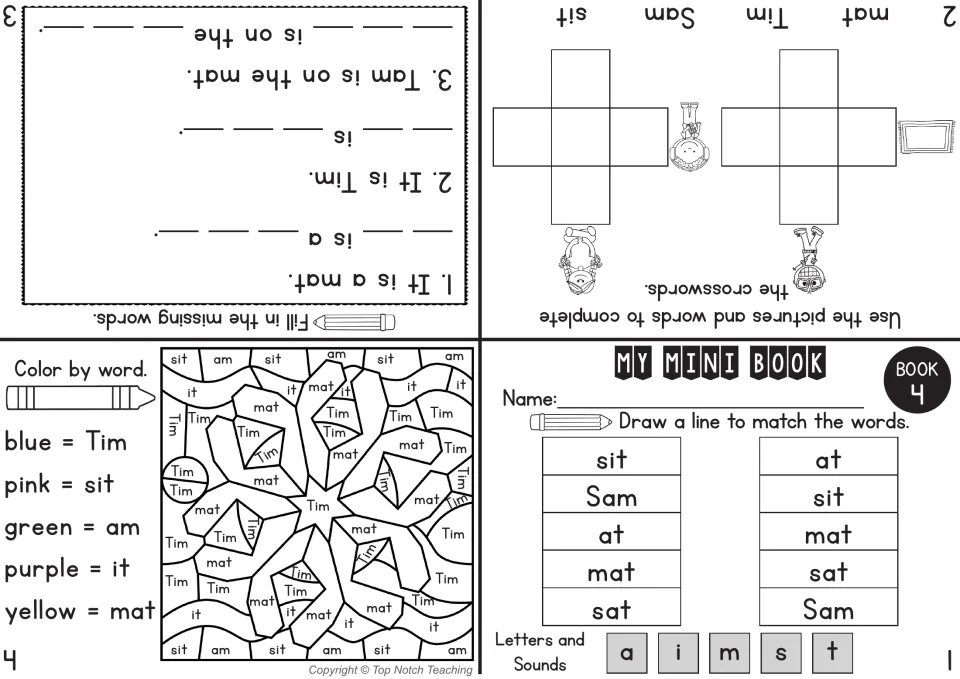 Mini book 4 sheet has four pages for matching sit and Sam, picture crosswords, missing words and color by word