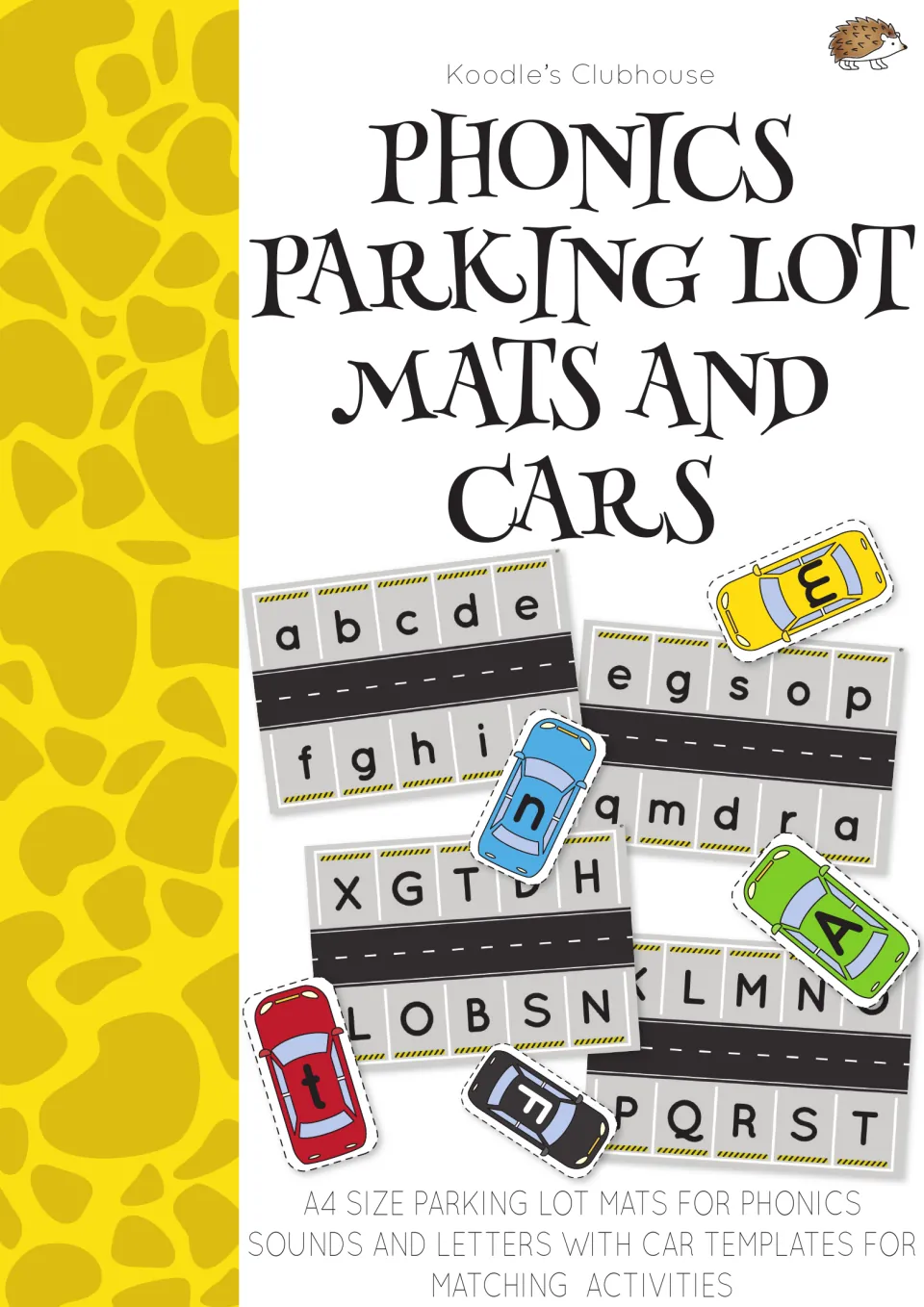 Phonics Parking lot Mats and Cars cover showing lettered cars and parking mats for alphabet matching
