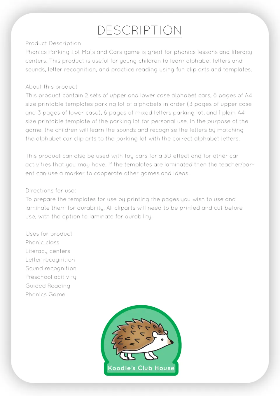 Resource description listing alphabet cars, parking mats, matching directions, and printing and laminating steps