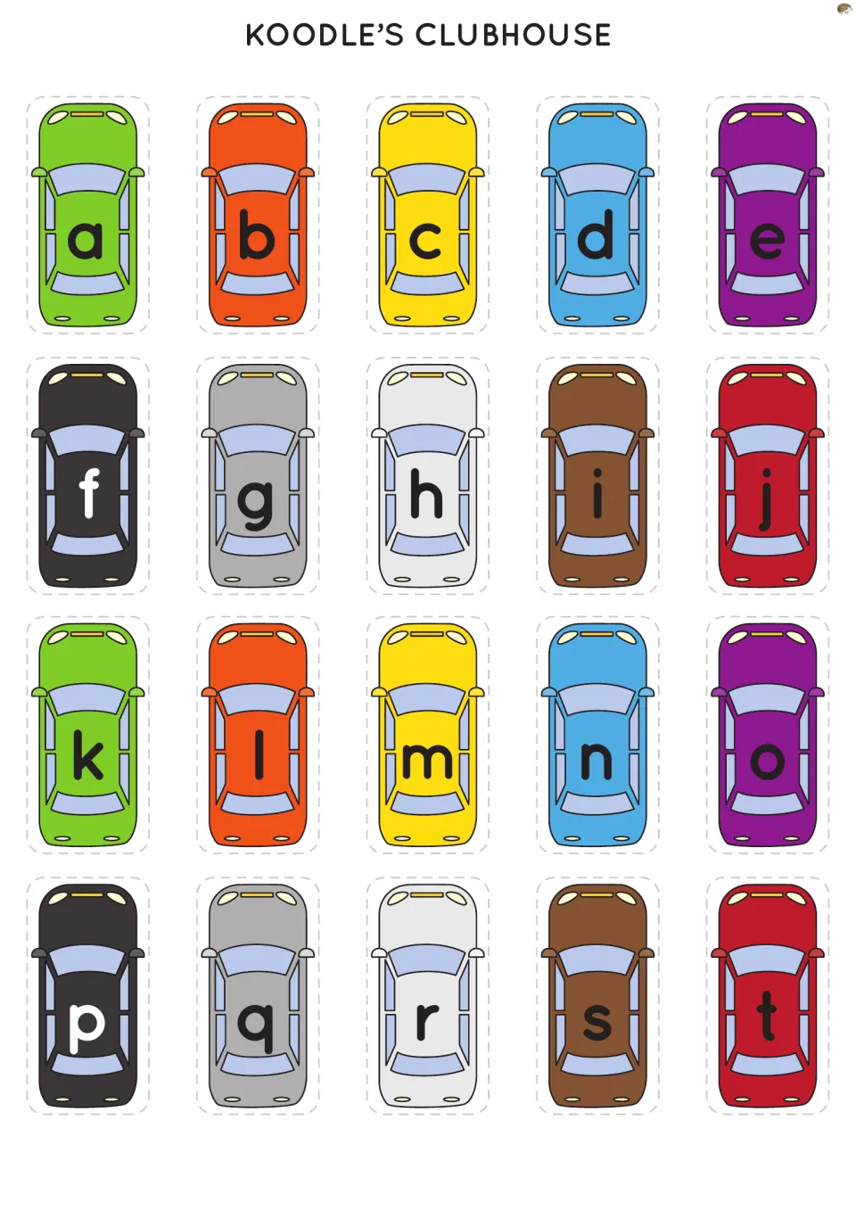 Alphabet car cutouts a–t: 20 lowercase letter cars from the set for matching to lettered parking mats