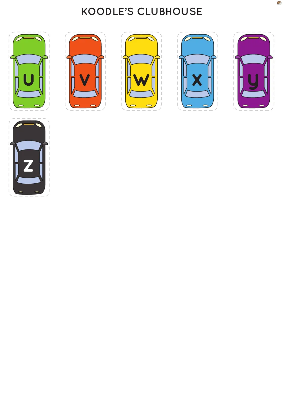 Alphabet car cutouts u–z: six lowercase letter cars completing the set for matching to parking mats