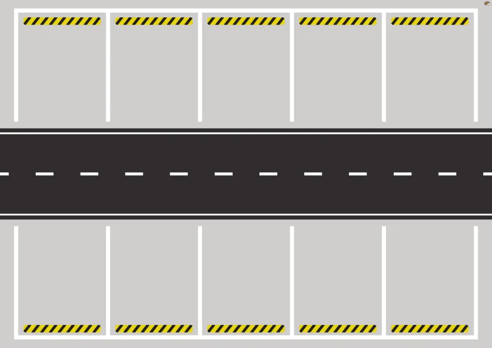 Blank parking lot mat with ten unlabeled parking spaces for use with the resource’s alphabet cars
