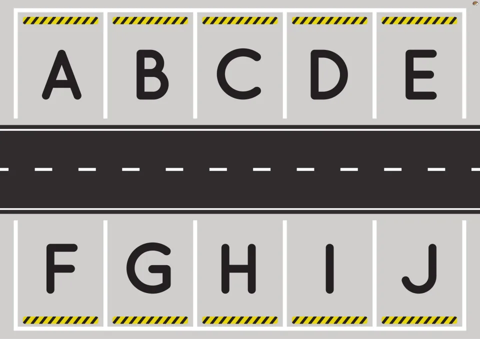 Uppercase alphabet parking mat A–J with ten lettered parking spaces for matching the alphabet car cutouts