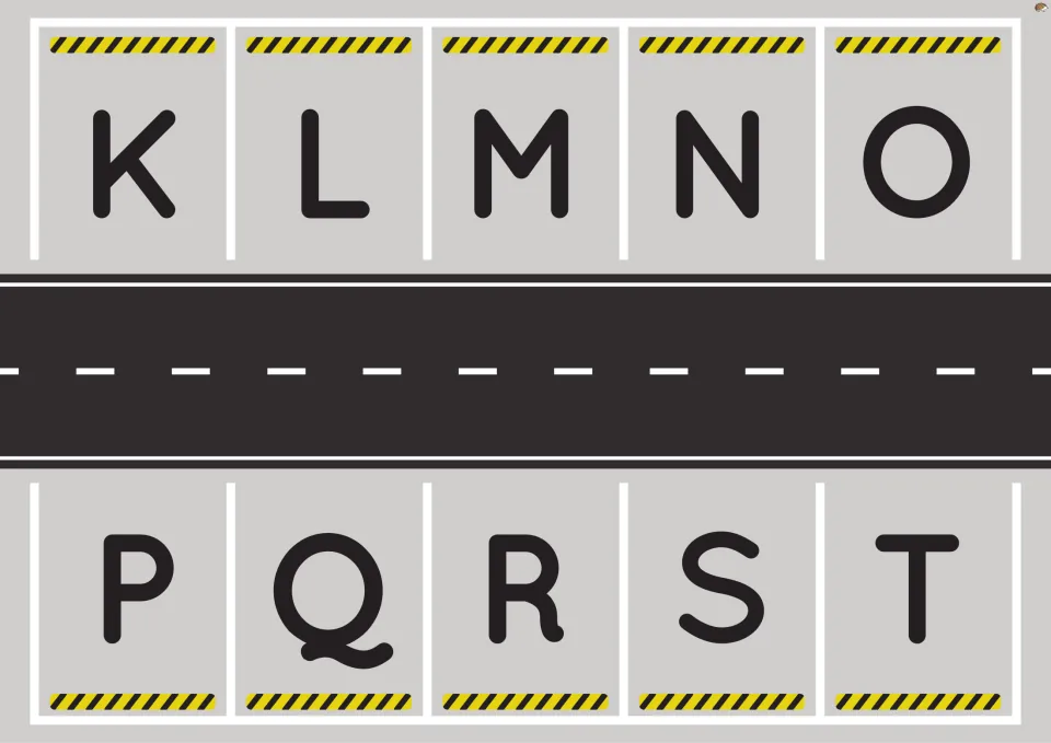 Uppercase alphabet parking mat K–T with ten lettered parking spaces for matching the alphabet car cutouts
