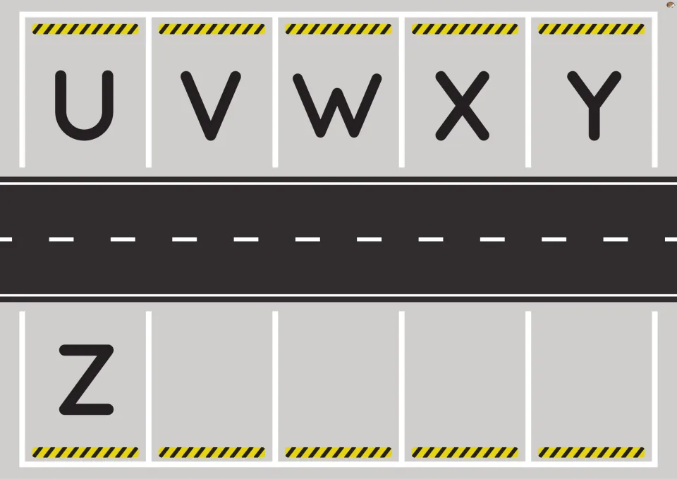 Uppercase alphabet parking mat U–Z with six lettered spaces and four blank spaces for car matching