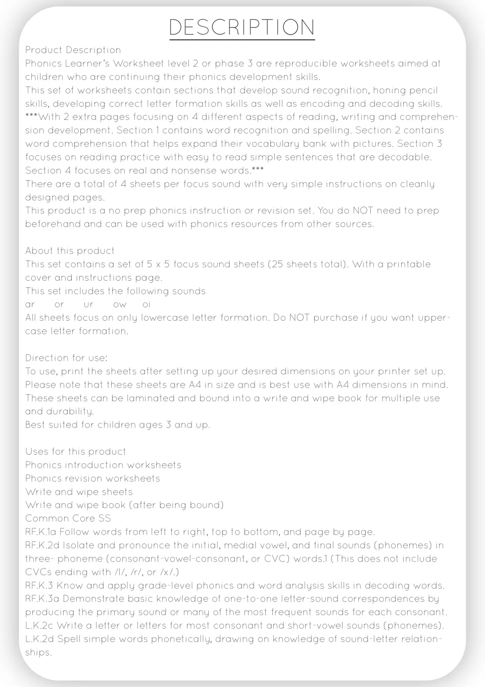 Product description listing the ar, or, ur, ow and oi sounds, lowercase-only letter formation, A4 printing and uses