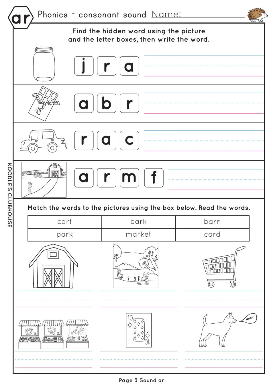 ar word building: students unscramble jar, bar, car and farm, then label pictures from an ar word bank