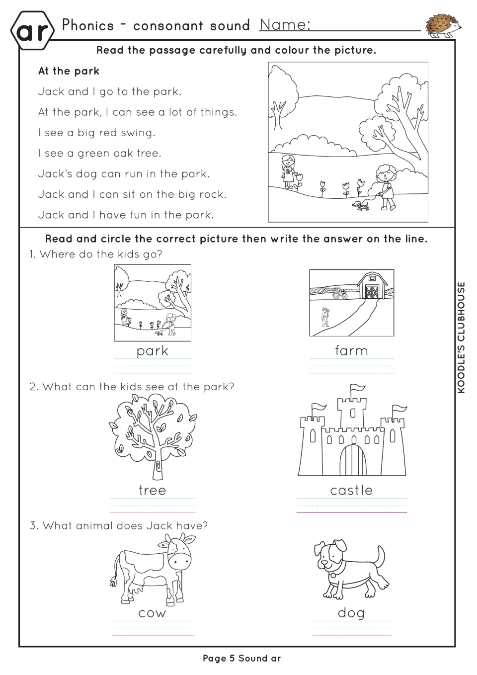 ar reading comprehension: students read At the park, colour the scene and circle picture answers to 3 questions