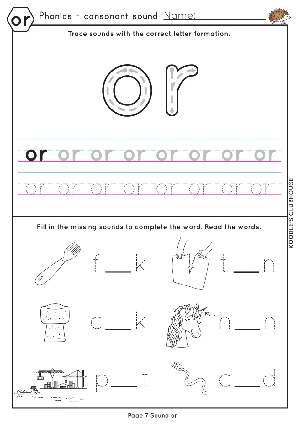 or letter formation: students trace or with arrows and rows, then add or to spell fork, torn, cork, horn, port and cord