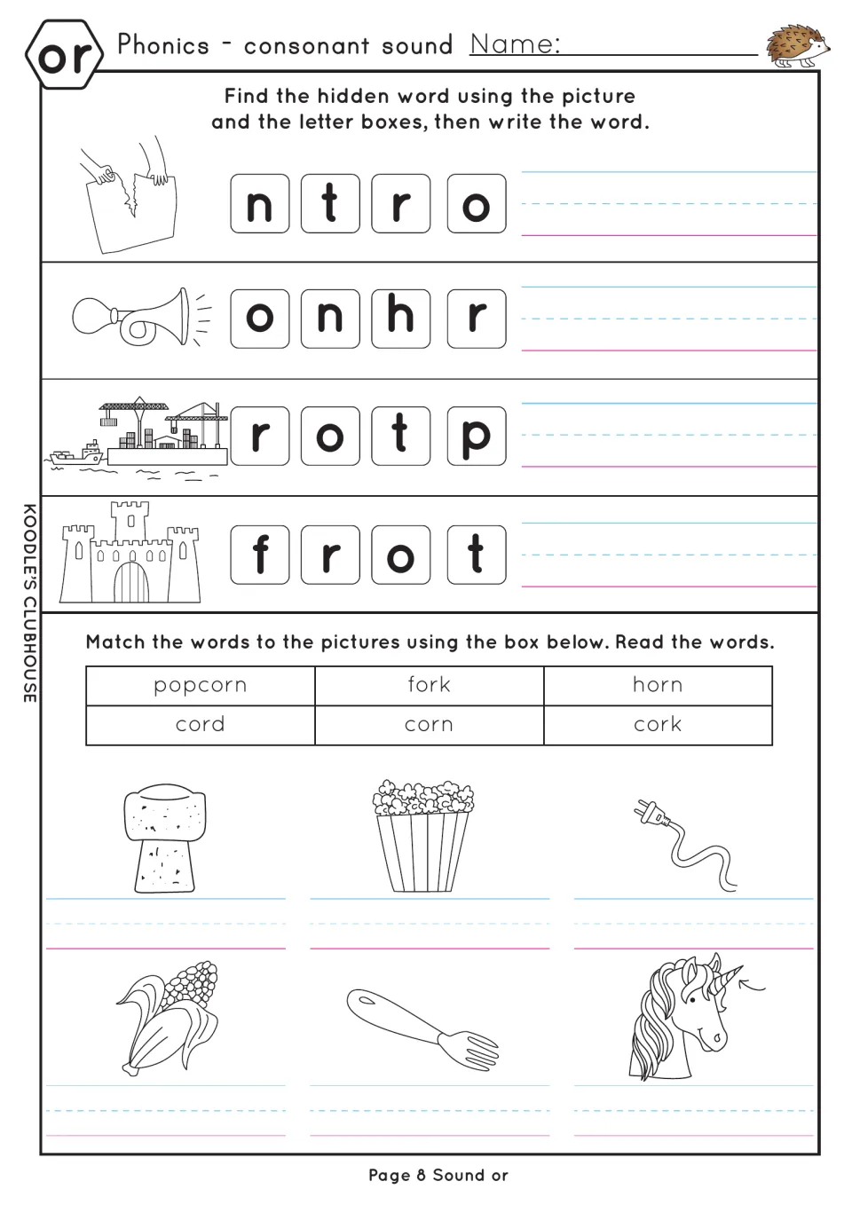or word building: students unscramble torn, horn, port and fort, then label six pictures from an or word bank