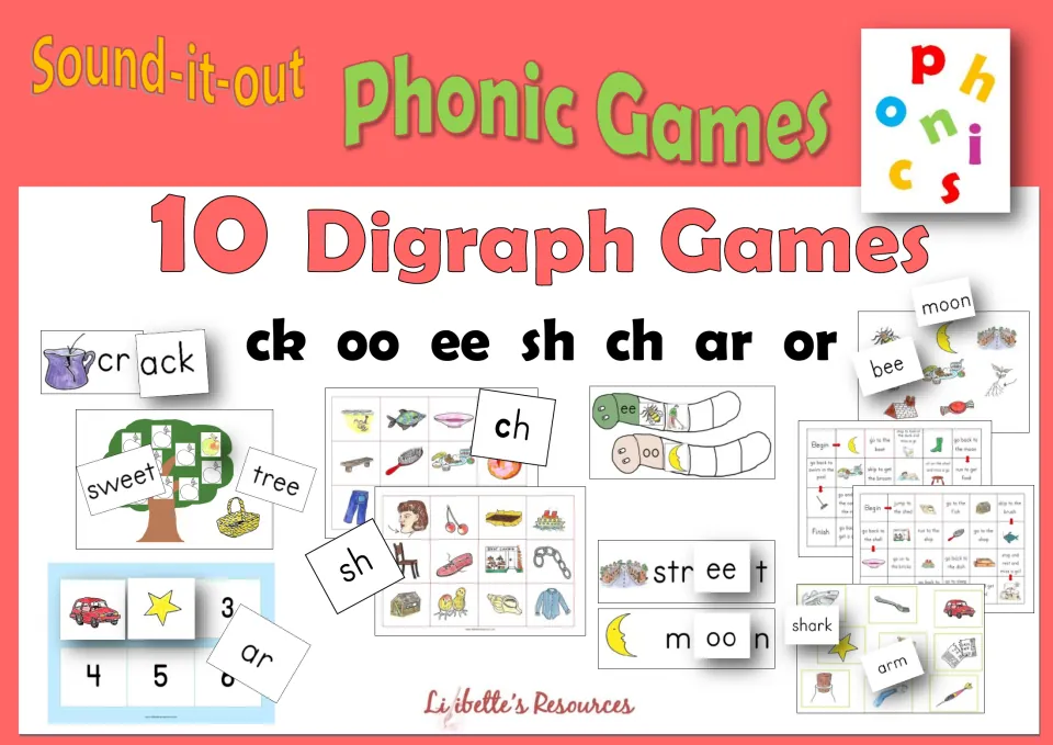 Cover of the digraph game collection showing ck, oo, ee, sh, ch, ar, and or with sample game materials