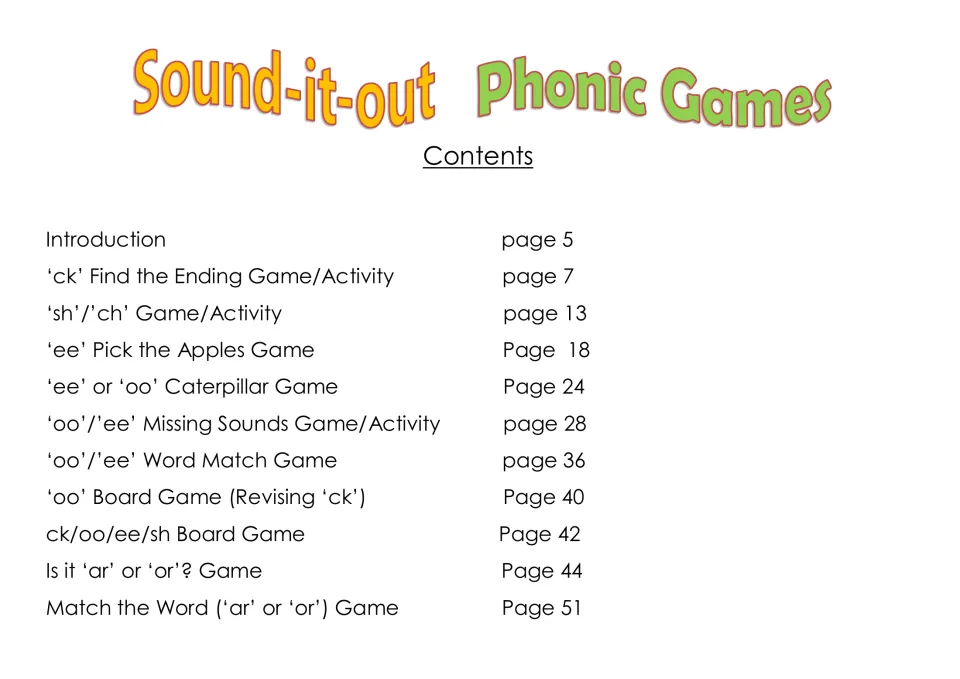Contents for all 10 digraph games, from Find the Ending on page 7 to Match the Word for ar or or on page 51