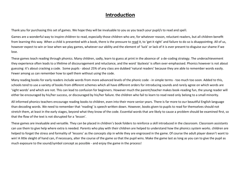 Introduction explaining phonics decoding, reading practice through games, and support at home or school