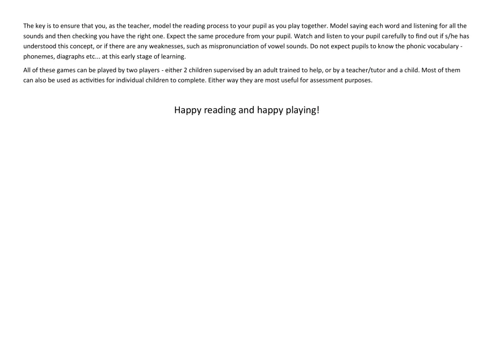 Continued guidance on modeling word sounds, observing pupils, and using the games with two players