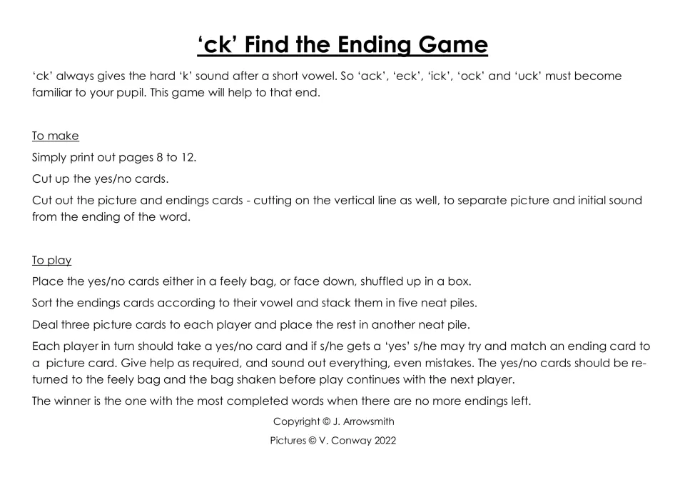 Find the Ending game instructions for matching picture cards to ack, eck, ick, ock, and uck word endings
