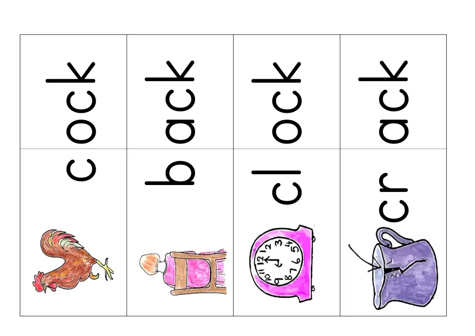First picture-and-ending card sheet for the ck game: cock, back, clock, and crack, split before ock or ack