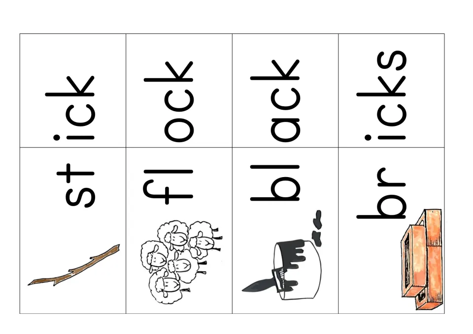 Second picture-and-ending card sheet for the ck game: stick, flock, black, and bricks, split for matching