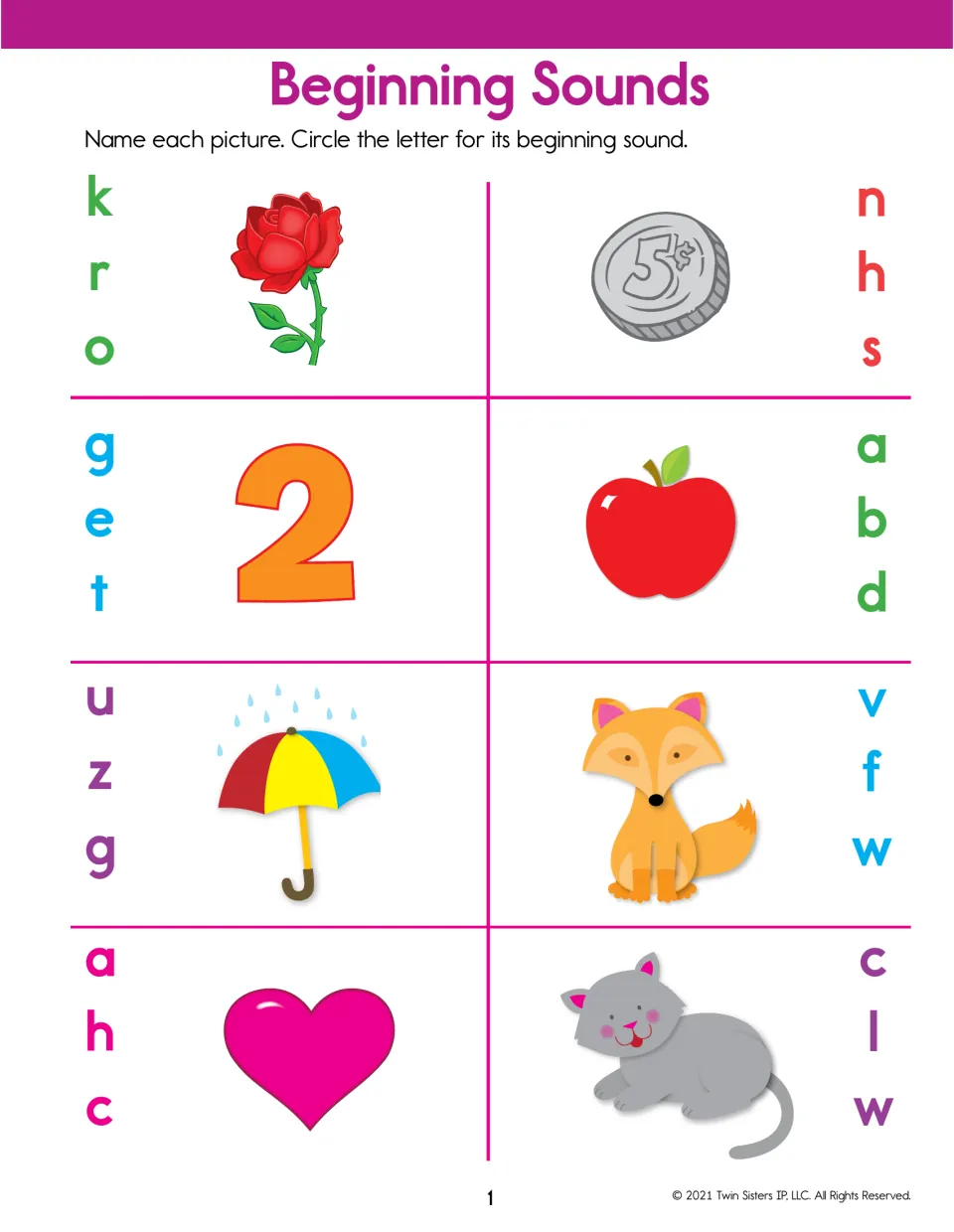 Beginning sounds: students name 8 pictures, such as a rose, nickel, apple, fox and cat, and circle each first letter
