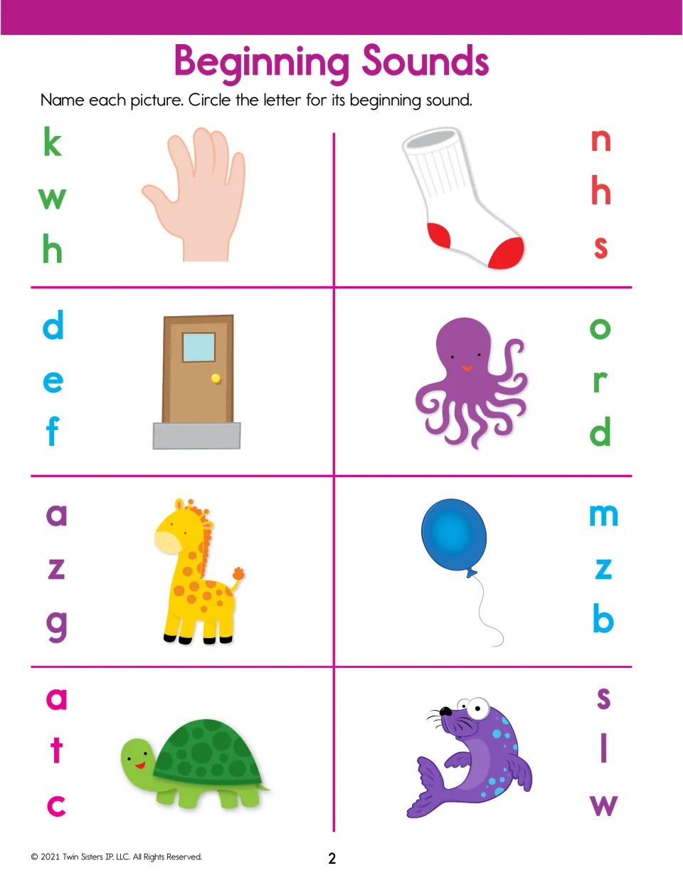 Beginning sounds: students circle the first letter for a hand, sock, door, octopus, giraffe, balloon, turtle and seal