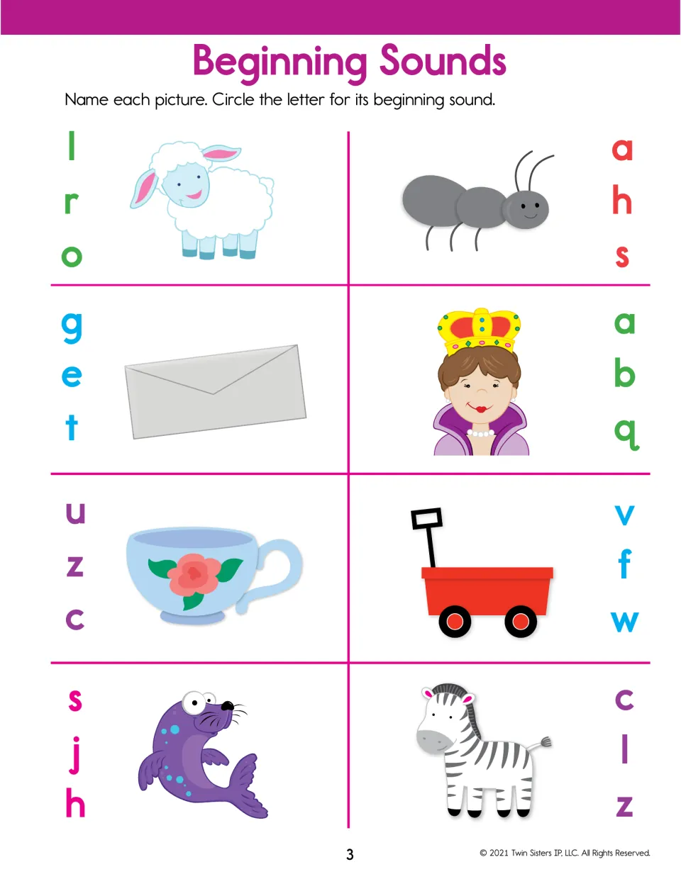 Beginning sounds: students circle the first letter for a lamb, ant, envelope, queen, cup, wagon, seal and zebra