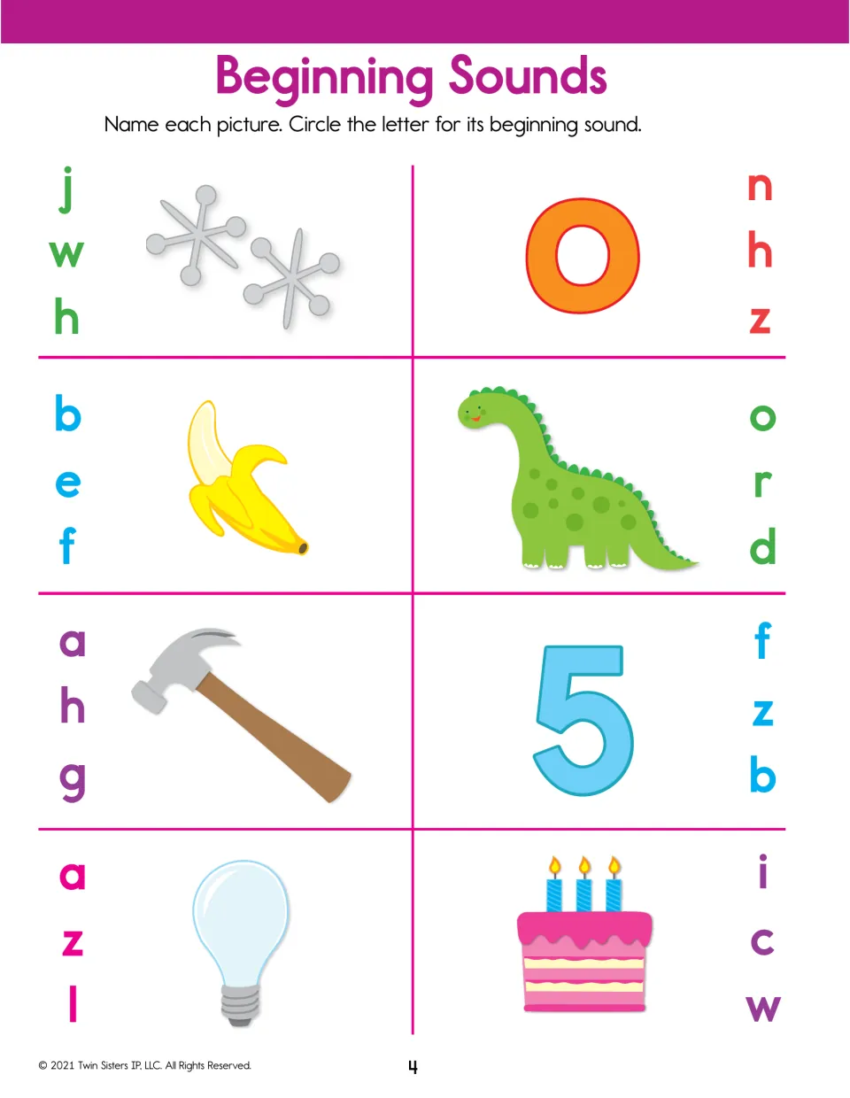 Initial sounds: students name jacks, zero, banana, dinosaur, hammer, five, light bulb and cake, then circle each letter