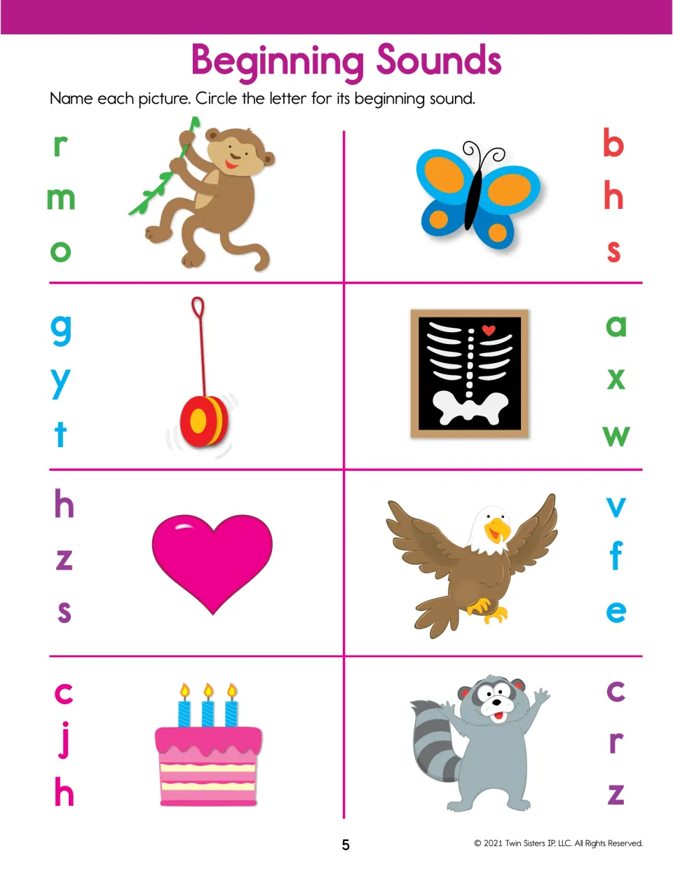 Beginning sounds: students circle first letters for monkey, butterfly, yo-yo, x-ray, heart, eagle, cake and raccoon