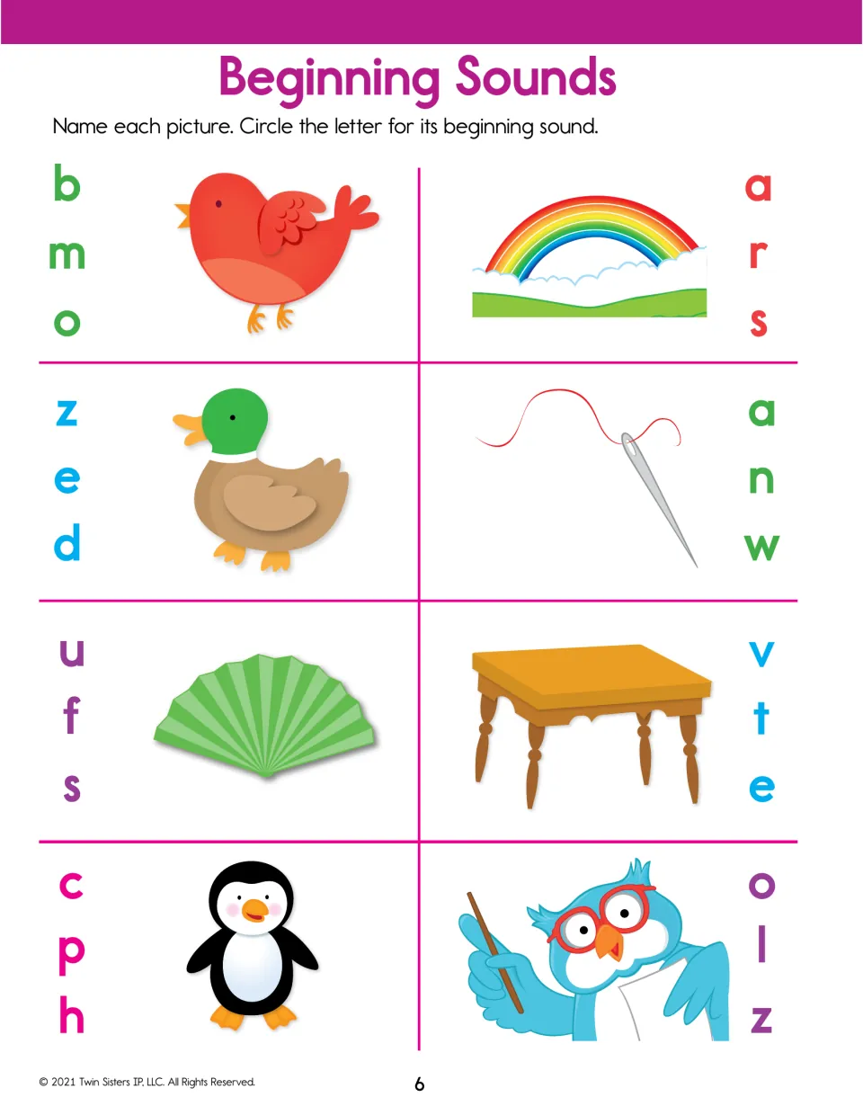 Beginning sounds: students circle the first letter for a bird, rainbow, duck, needle, fan, table, penguin and owl
