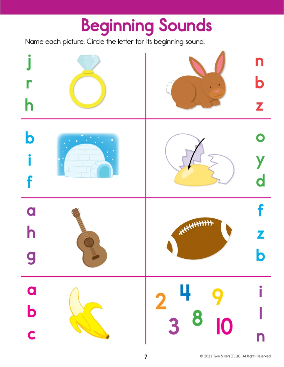 First-letter sounds: students circle letters for a ring, bunny, igloo, yolk, guitar, football, banana and numbers