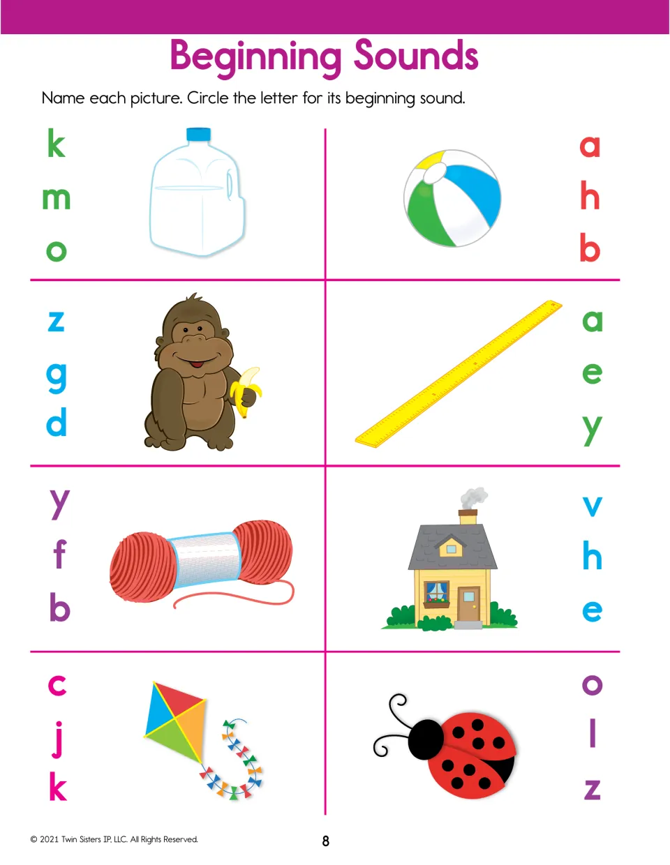 Beginning sounds: students circle first letters for milk, ball, gorilla, yardstick, yarn, house, kite and ladybug