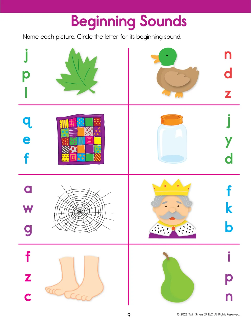 Beginning sounds: students circle the first letter for a leaf, duck, quilt, jar, web, king, feet and pear