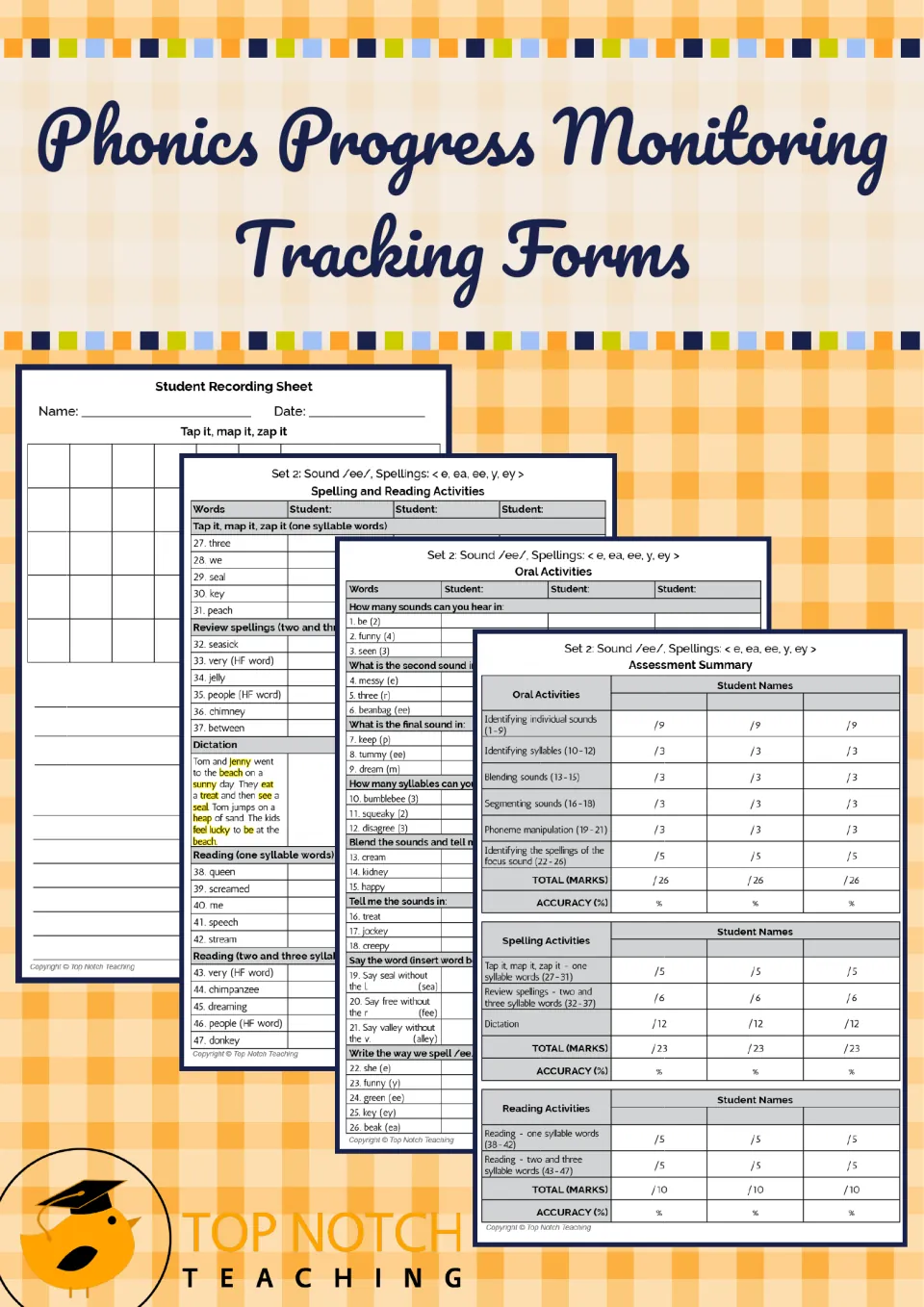 Cover: tracking forms for phonics progress, previewing Set 2 /ee/ oral, spelling, reading and summary sheets