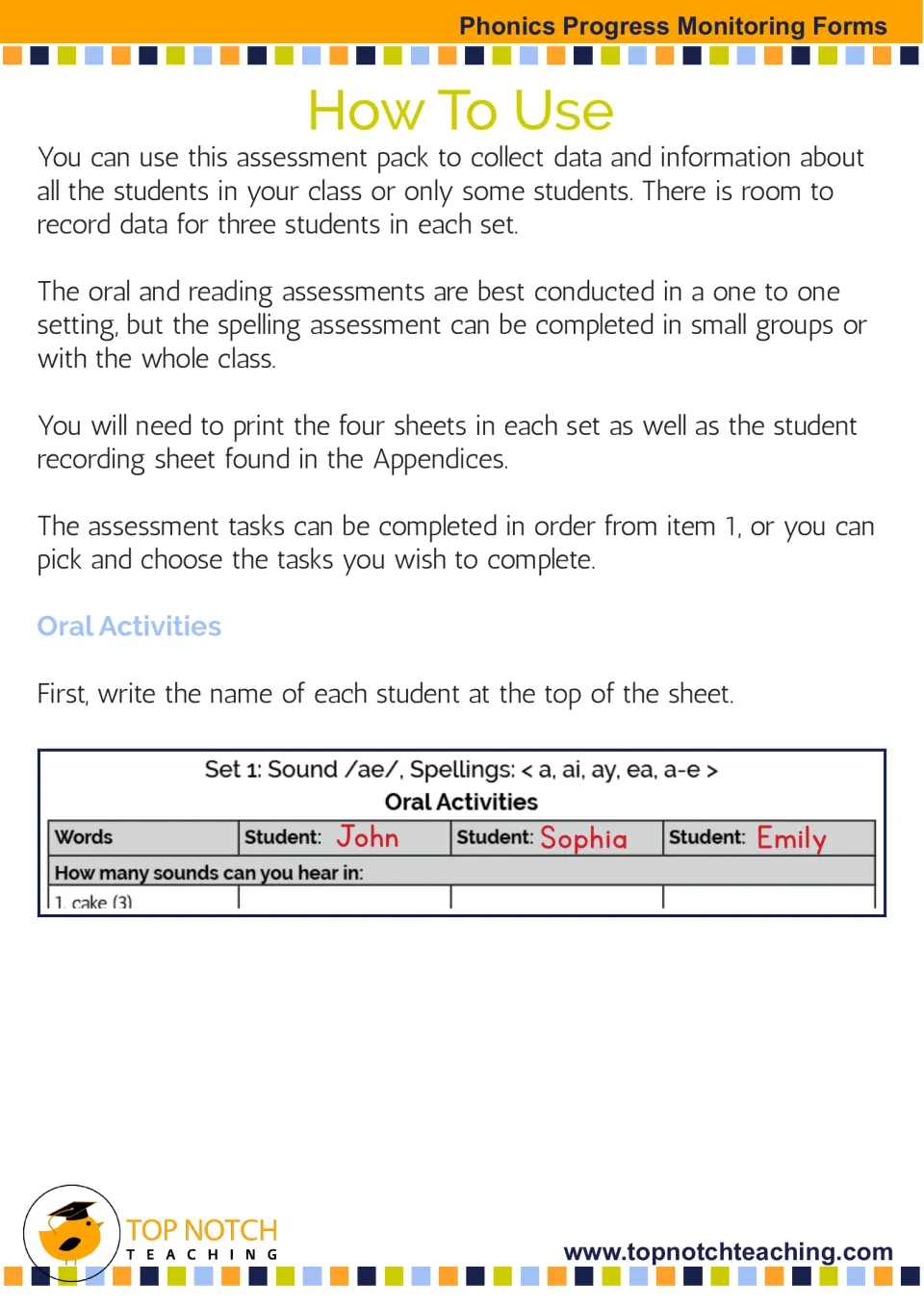 How to use: oral and reading tasks one-to-one, spelling in groups; example Set 1 /ae/ sheet with 3 student names
