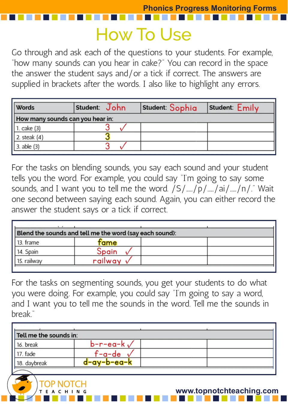 Scoring examples for counting sounds, blending and segmenting, with a student's answers and ticks recorded in red