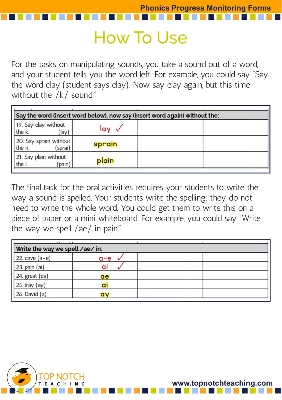 Scoring examples for phoneme manipulation and writing /ae/ spellings, with errors highlighted in yellow