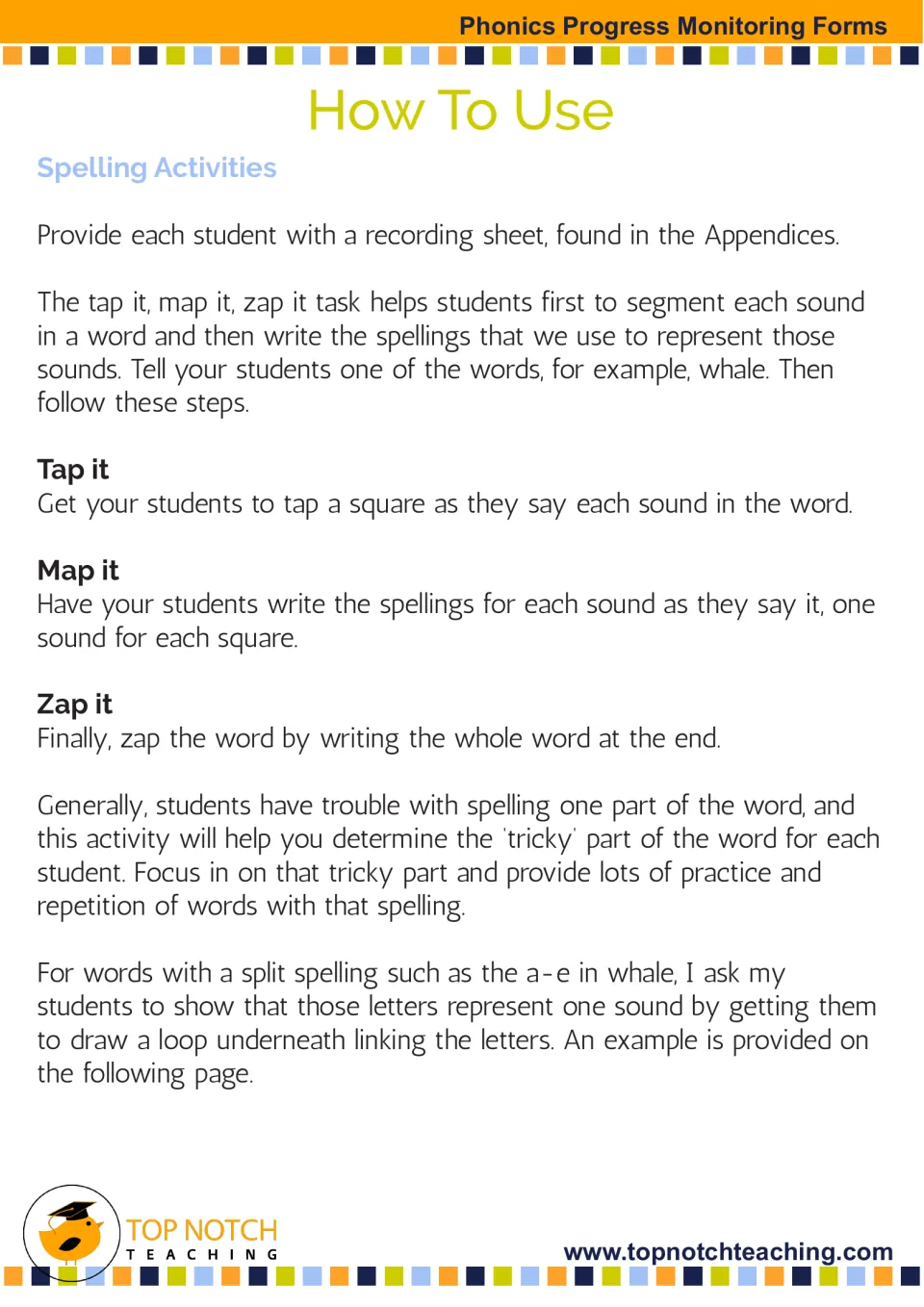 Spelling activities guide: tap it, map it, zap it steps for segmenting a word like whale and spelling each sound