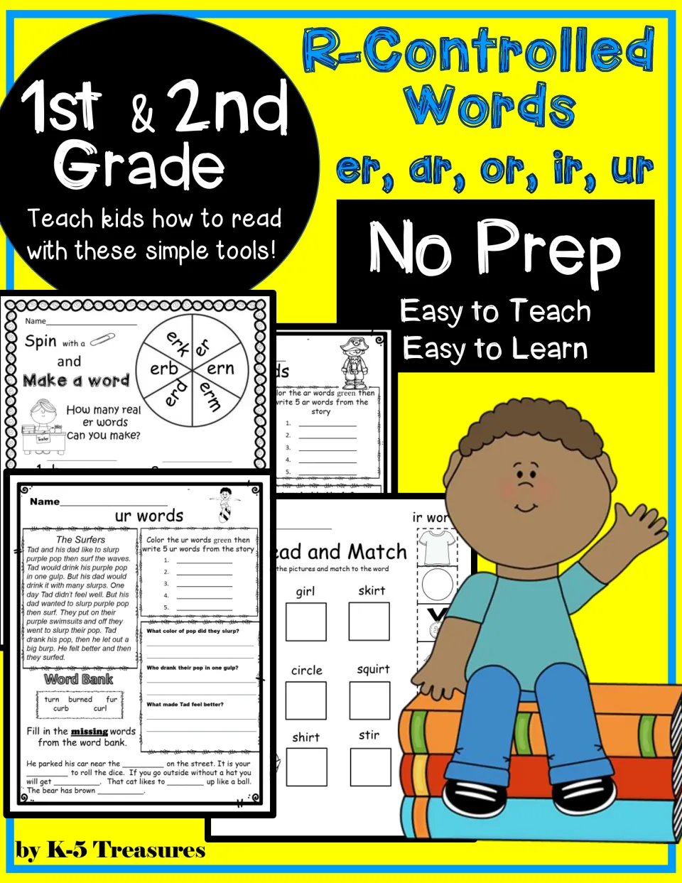 R-Controlled Words er, ar, or, ir, ur cover for 1st & 2nd grade showing spin-a-word, ur story and read-and-match pages