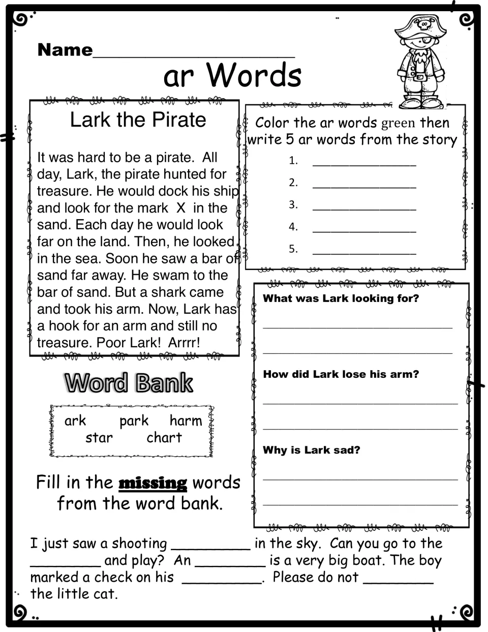ar words story Lark the Pirate: students color ar words green, list 5, answer 3 questions and fill blanks from a word bank