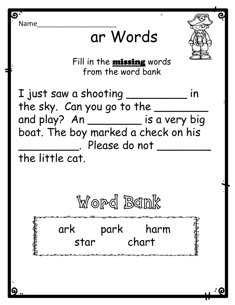 ar words cloze: students complete 5 sentences using the word bank ark, park, harm, star and chart