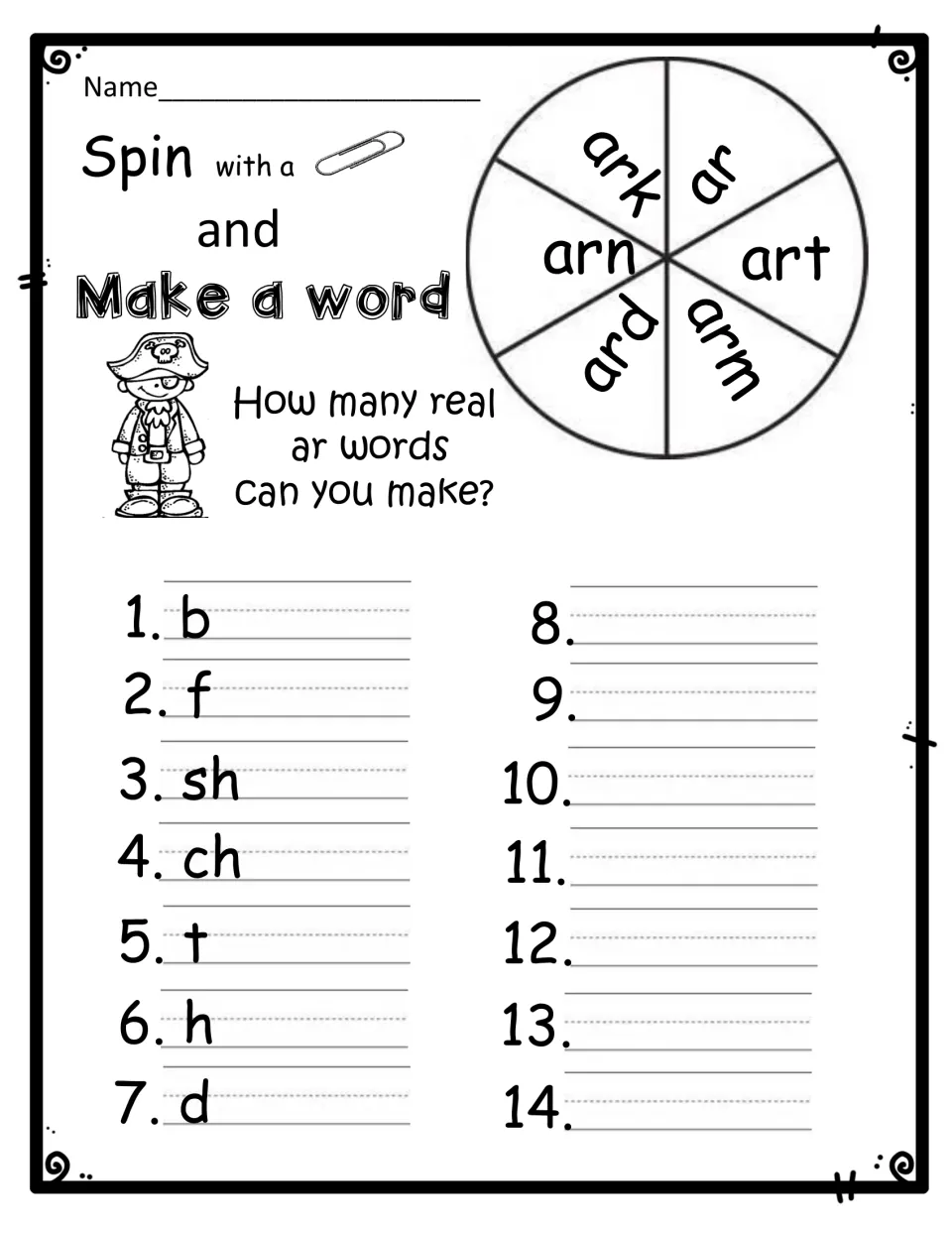 Spin and make a word: students spin a paper clip on ar, ark, art, arm, ard and arn endings and add onsets like b, sh, ch