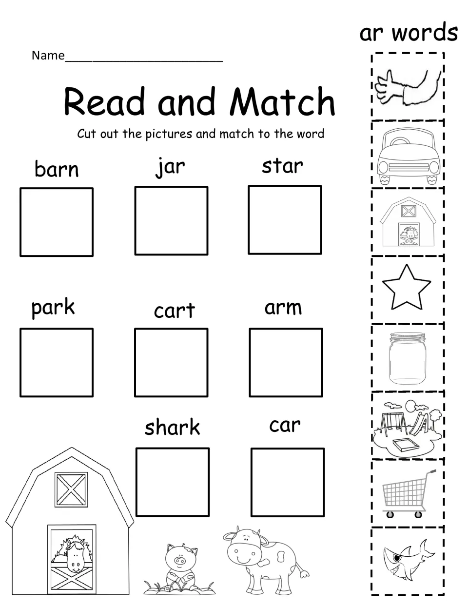 Read and Match ar words: students cut out 8 pictures and glue each under its word, such as barn, jar, star, shark or car