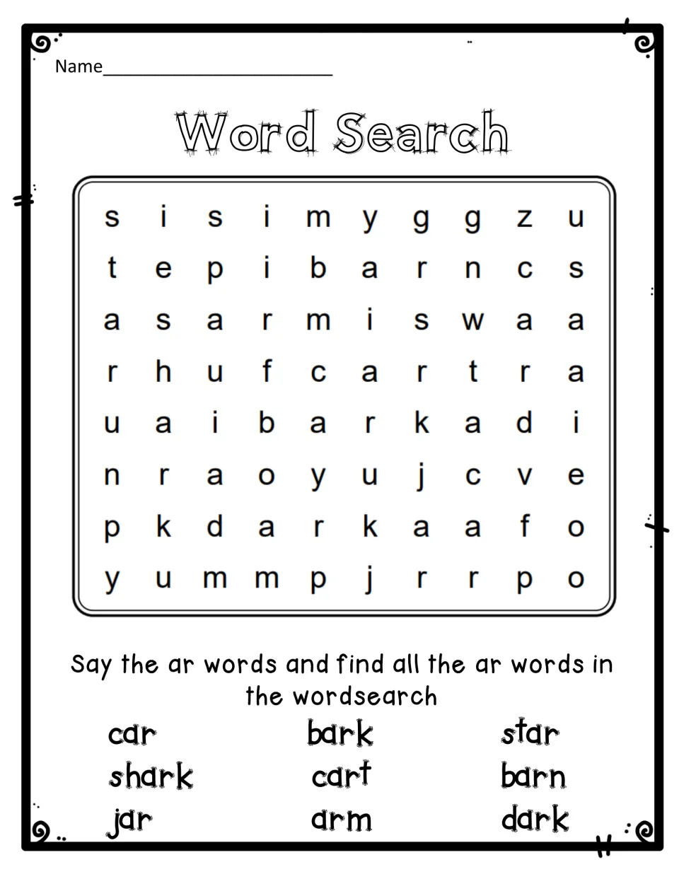 ar words word search: students say and find 9 words including car, shark, jar, bark, cart, arm, star, barn and dark