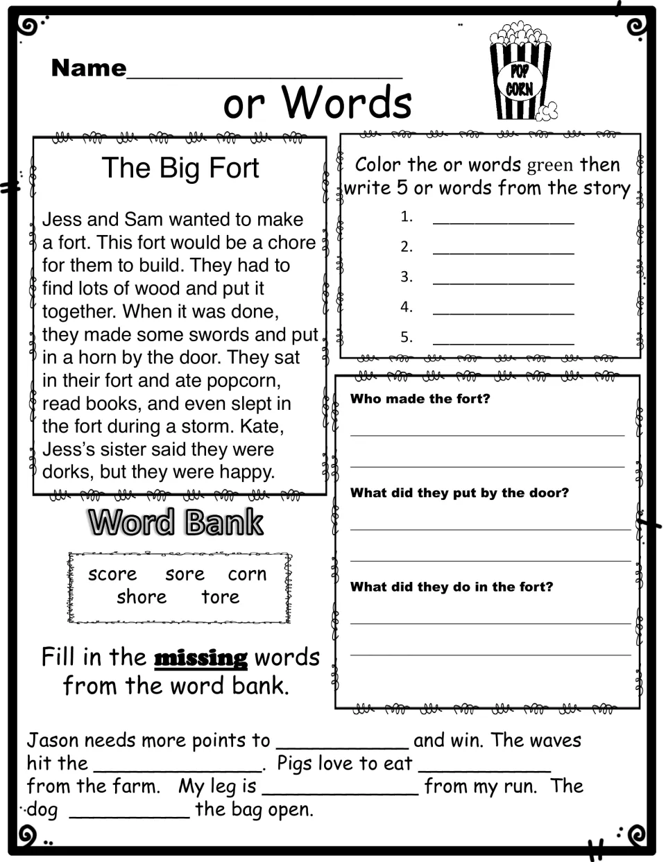 or words story The Big Fort: students color or words green, list 5, answer 3 questions and fill 5 blanks from a word bank