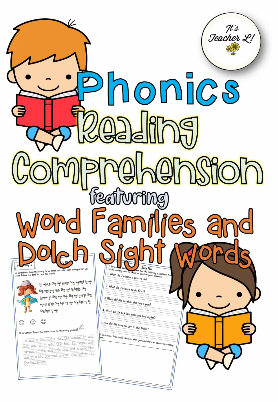 Cover: phonics reading comprehension with word families and Dolch sight words, with sample story and question pages