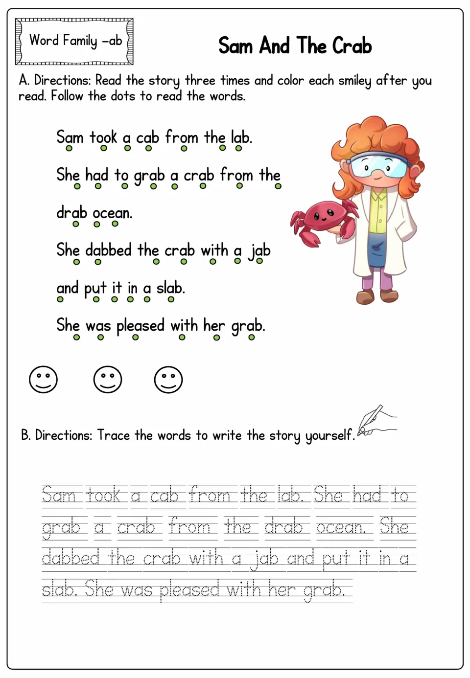 Word family -ab story Sam And The Crab: students read it three times with dot-guided reading, then trace the story