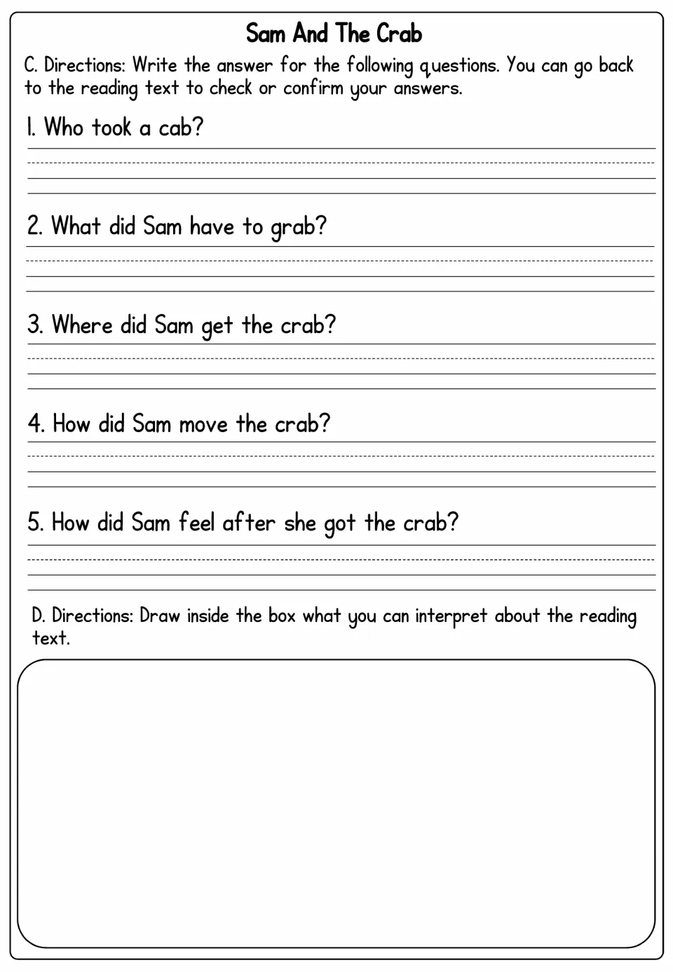 Sam And The Crab questions: students write answers on who took a cab, where Sam got the crab, and draw about the text