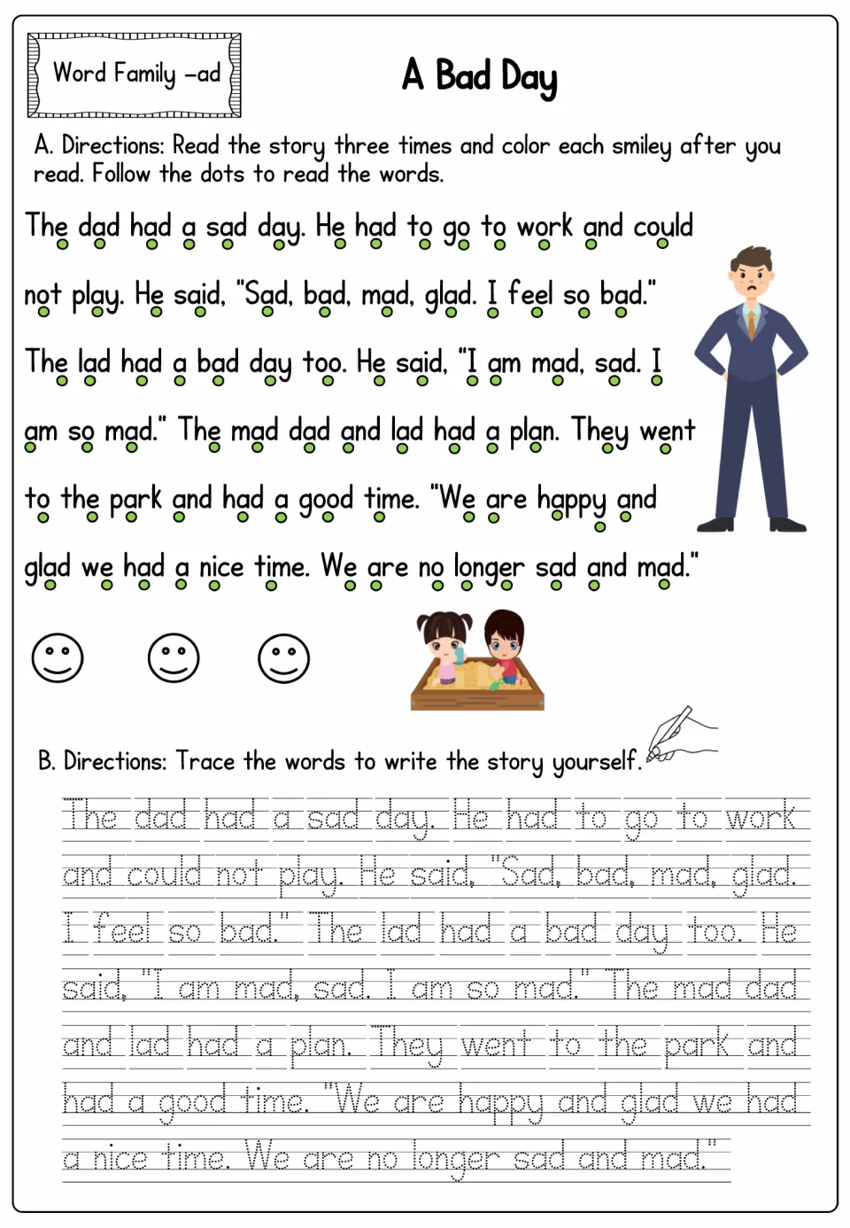 Word family -ad story A Bad Day about a sad dad and lad: students read three times with dot guides, then trace the text