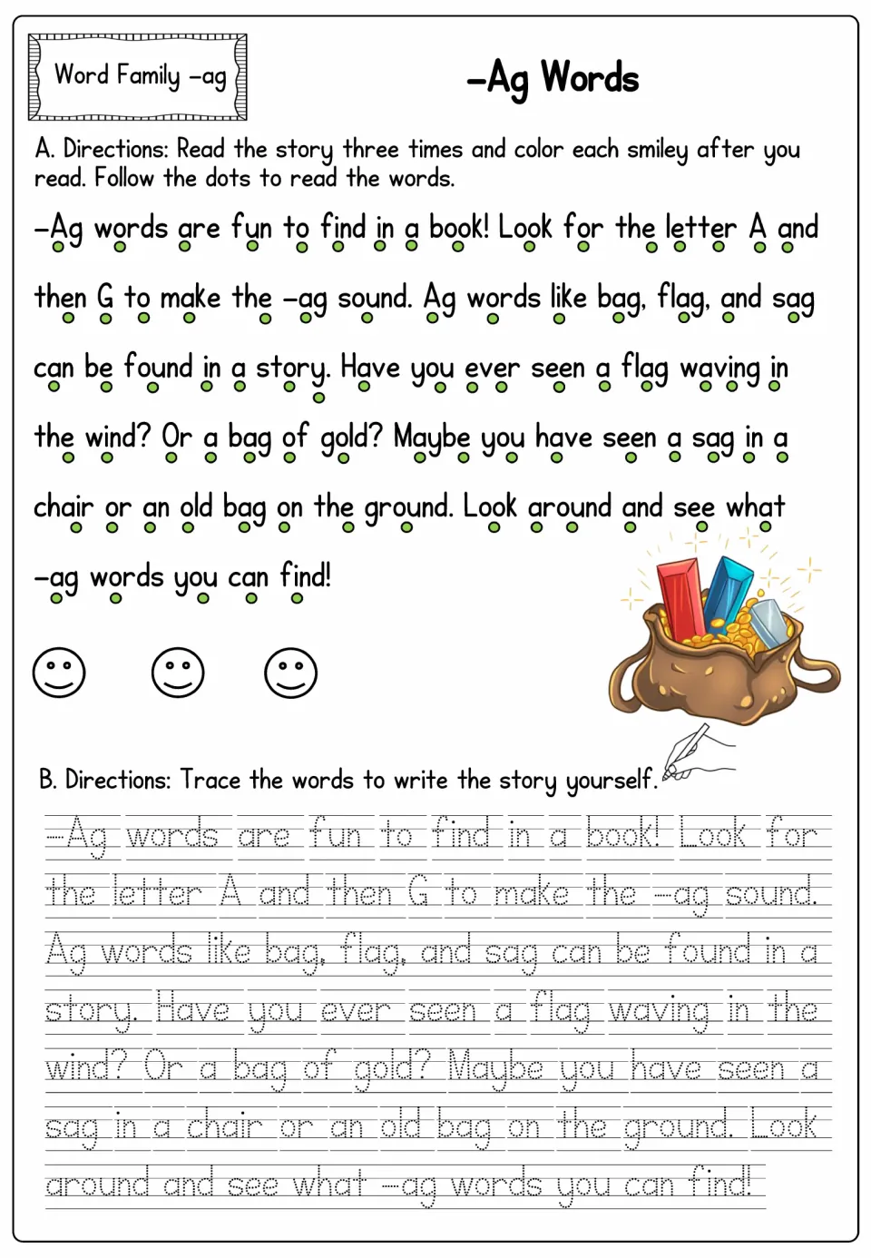 Word family -ag passage -Ag Words naming bag, flag and sag: students read three times with dot guides, then trace it