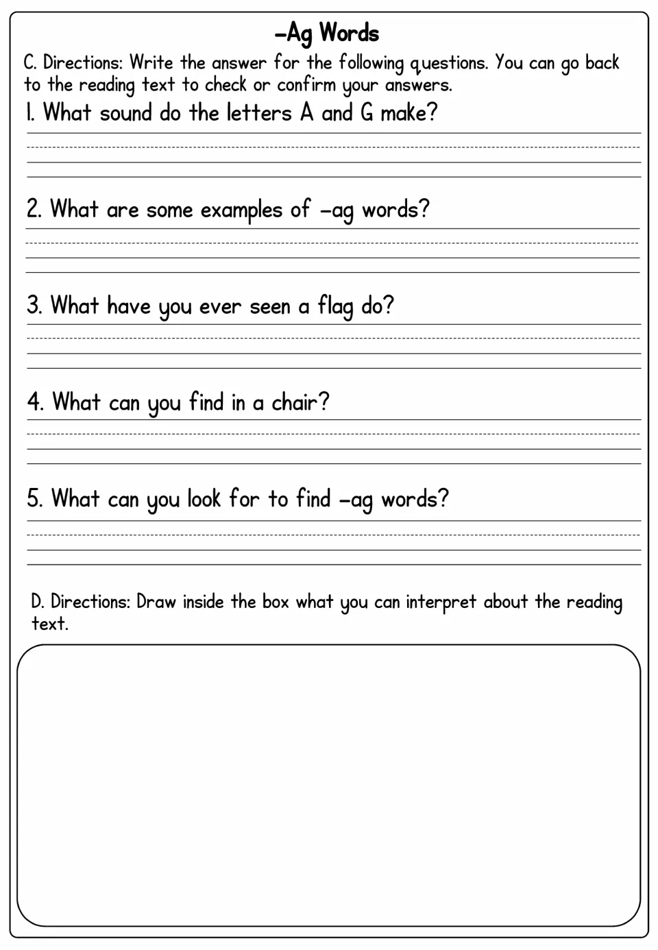 -Ag Words questions: students write what sound A and G make, list -ag word examples and draw about the passage