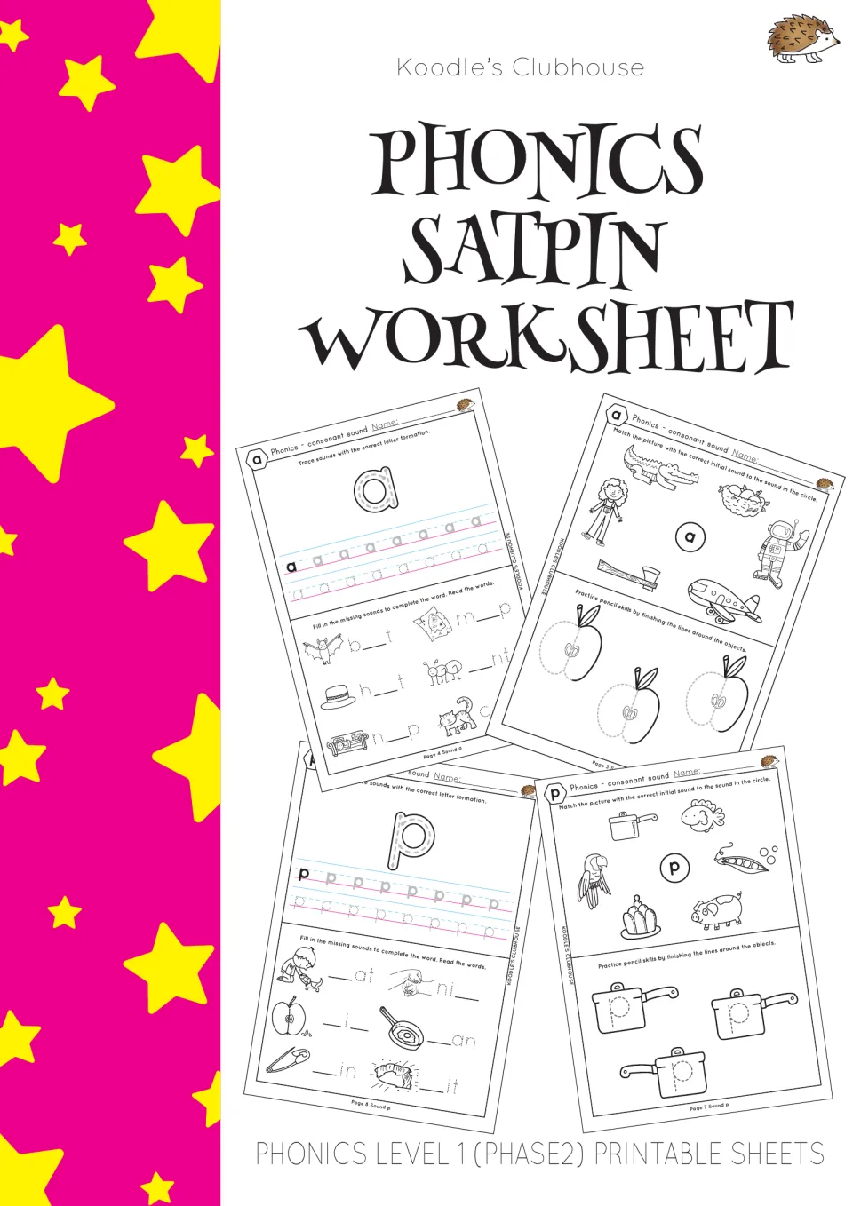 Phonics SATPIN cover from Koodle's Clubhouse showing sample tracing, picture matching and fill-in-the-sound sheets